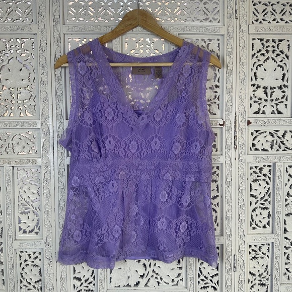 Y2K Lilac Purple Sheer Lace Babydoll V Neck Sleeveless Tank Top Sz Petite Large - Picture 1 of 6